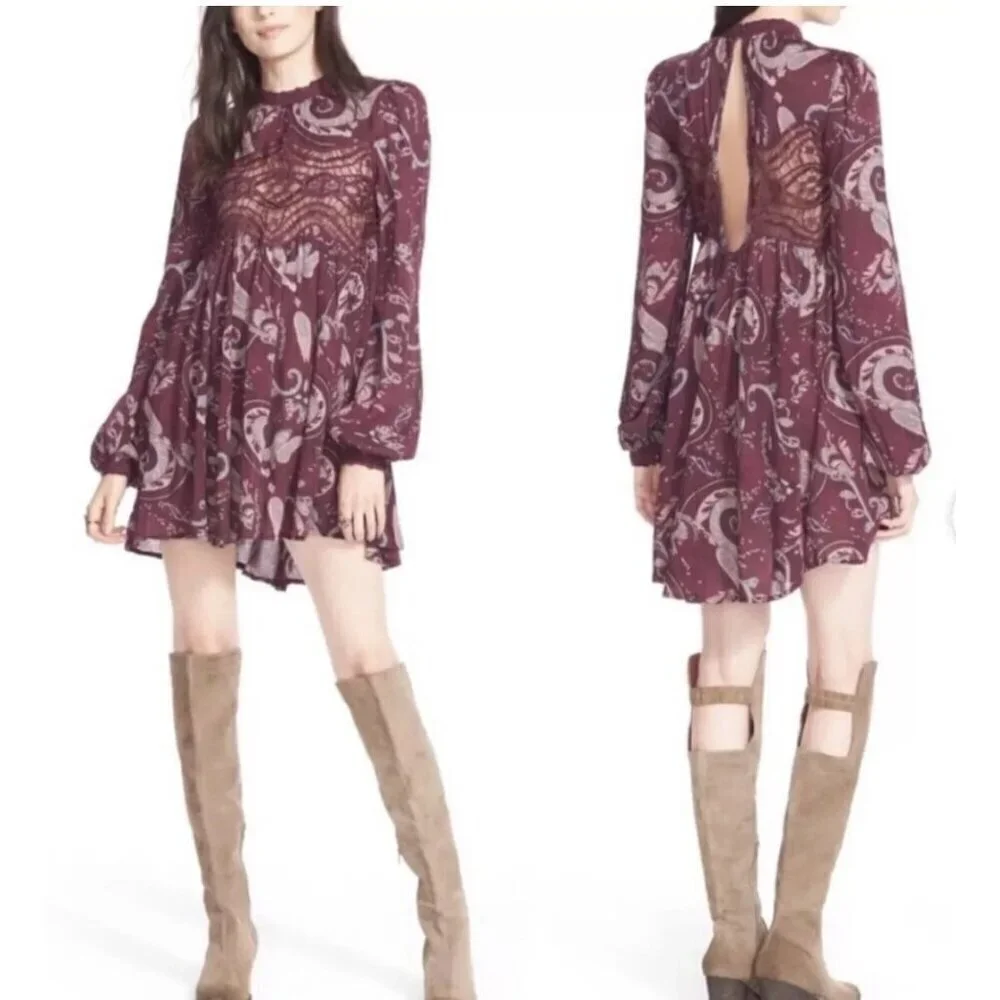 Free People sz M Sweet Thing Paisley tunic dress Wine color New